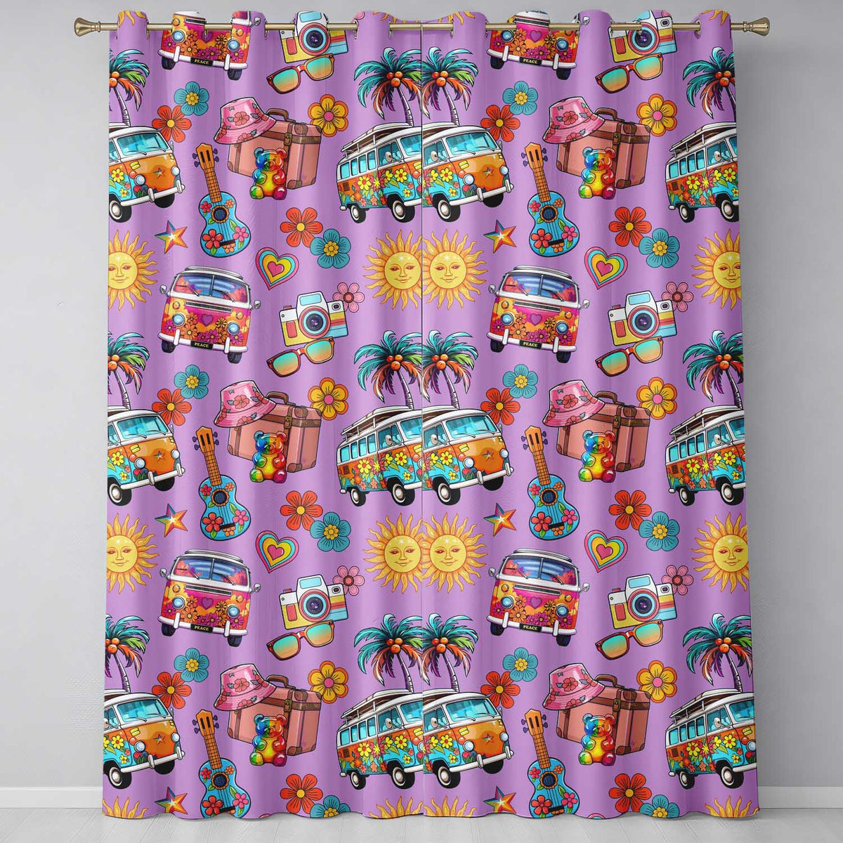 Hippie Van Guitar Floral Travel Purple Background Seamless Pattern Readymade Eyelet Ring Top Thermal 100% Blackout Curtains