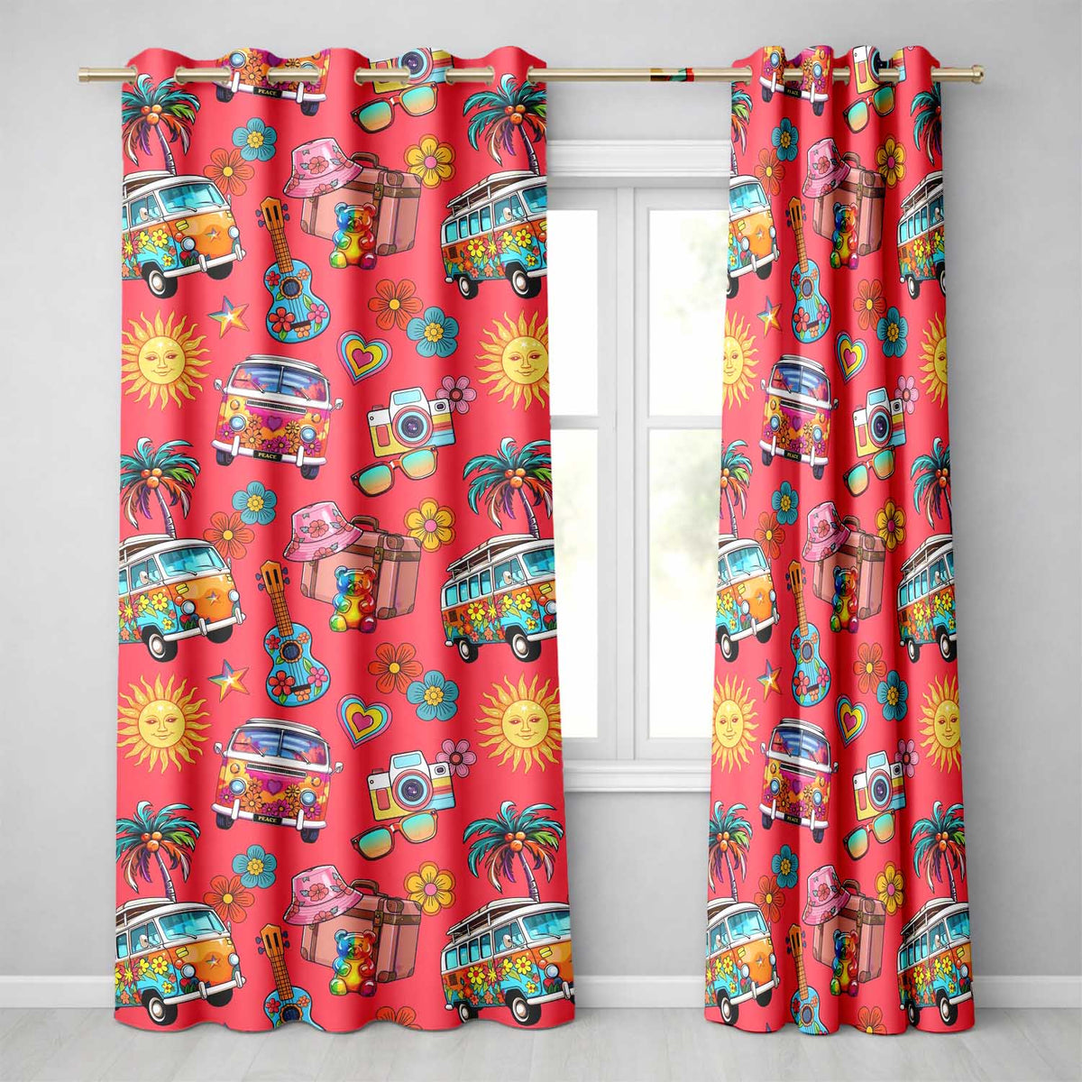 Hippie Van Camera Guitar Floral Travel Red Background Seamless Pattern Readymade Eyelet Ring Top Thermal 100% Blackout Curtains
