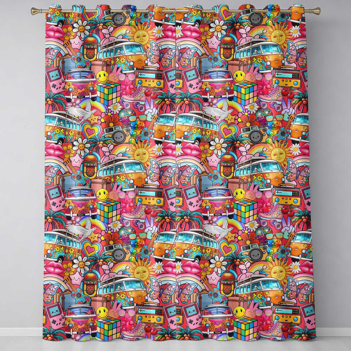 Cute Hippie Van Rainbow Toys Collage Red Background Seamless Pattern Readymade Eyelet Ring Top Thermal 100% Blackout Curtains