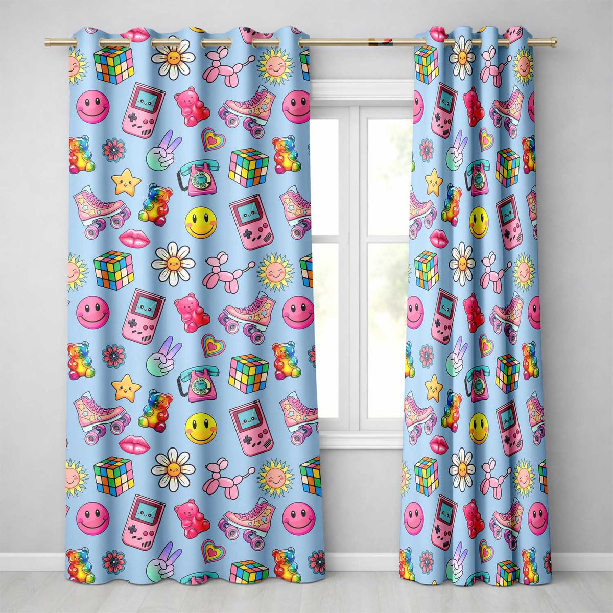 Toys Smiley Roller Skate Blue Background Seamless Pattern Readymade Eyelet Ring Top Thermal 100% Blackout Curtains