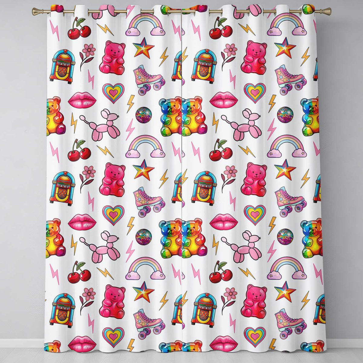 Cute Kawaii Gummy Bear Cherry Rainbow Roller Skate Grey Background Seamless Readymade Eyelet Ring Top Thermal 100% Blackout Curtains