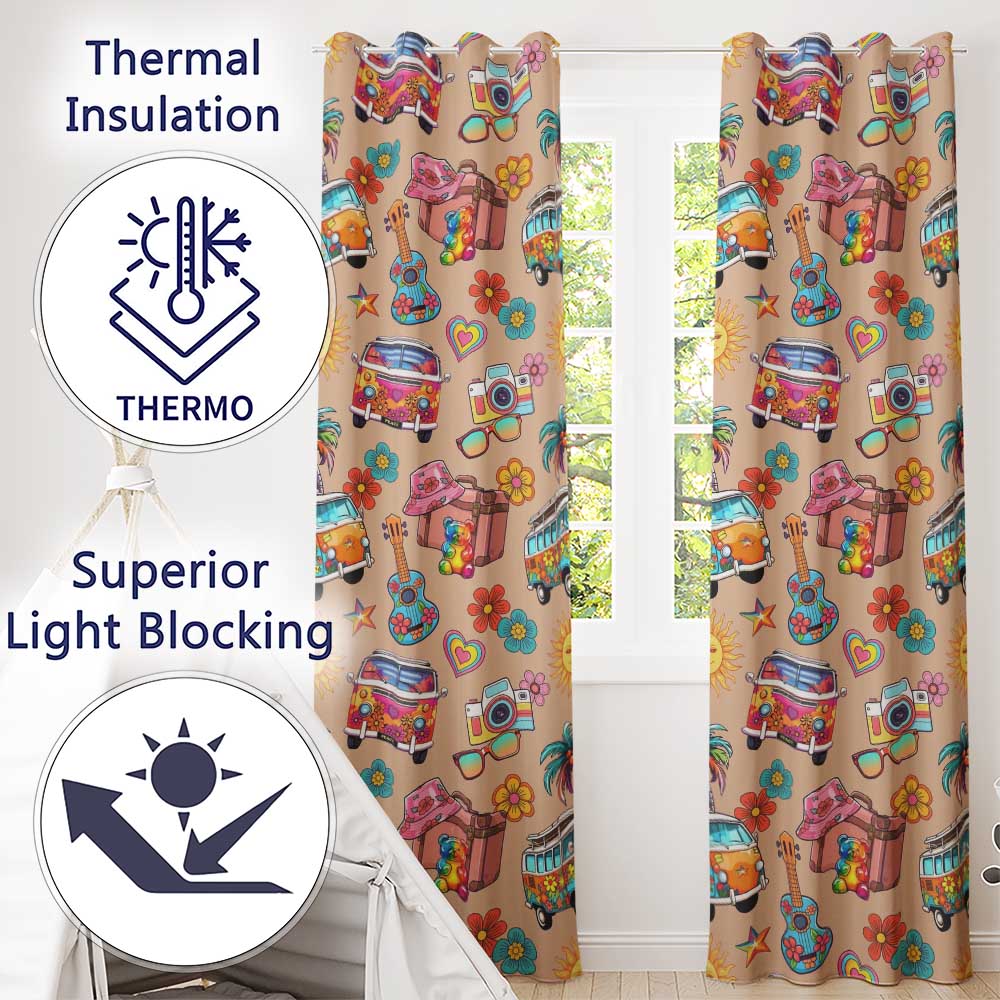 Hippie Vans Camera Guitar Floral Peach Background Seamless Readymade Eyelet Ring Top Thermal 100% Blackout Curtains