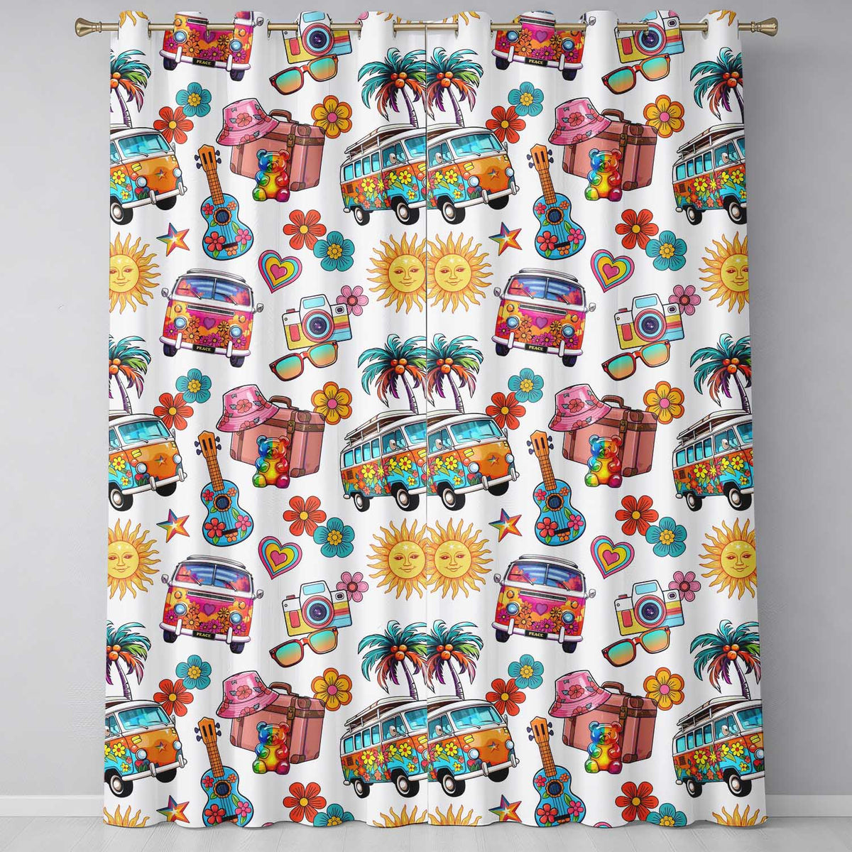 Hippie Van Camera Guitar Floral Travel White Background Seamless Readymade Eyelet Ring Top Thermal 100% Blackout Curtains