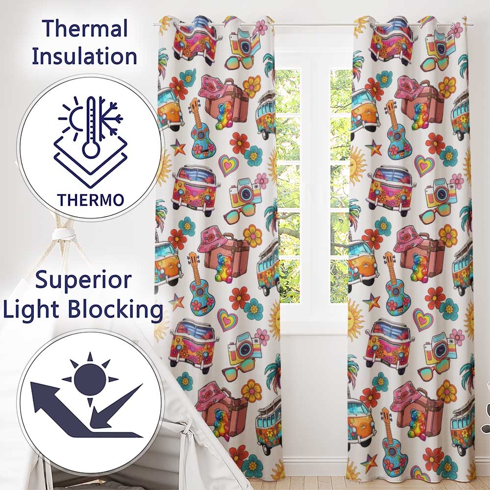 Hippie Van Camera Guitar Floral Travel White Background Seamless Readymade Eyelet Ring Top Thermal 100% Blackout Curtains