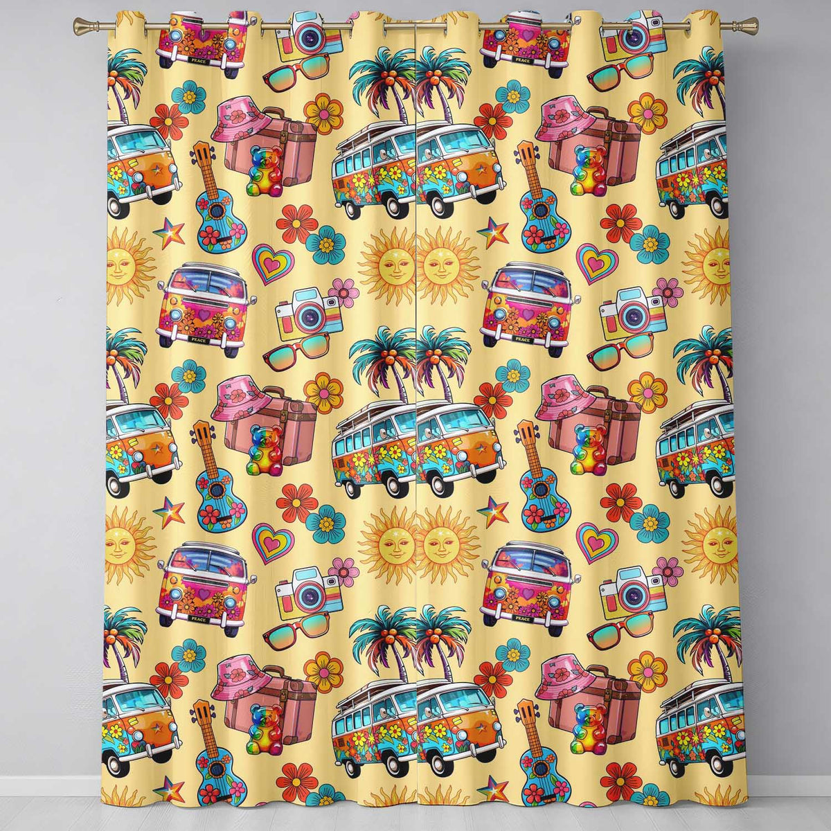 Hippie Van Camera Guitar Floral Travel Beige Background Seamless Readymade Eyelet Ring Top Thermal 100% Blackout Curtains