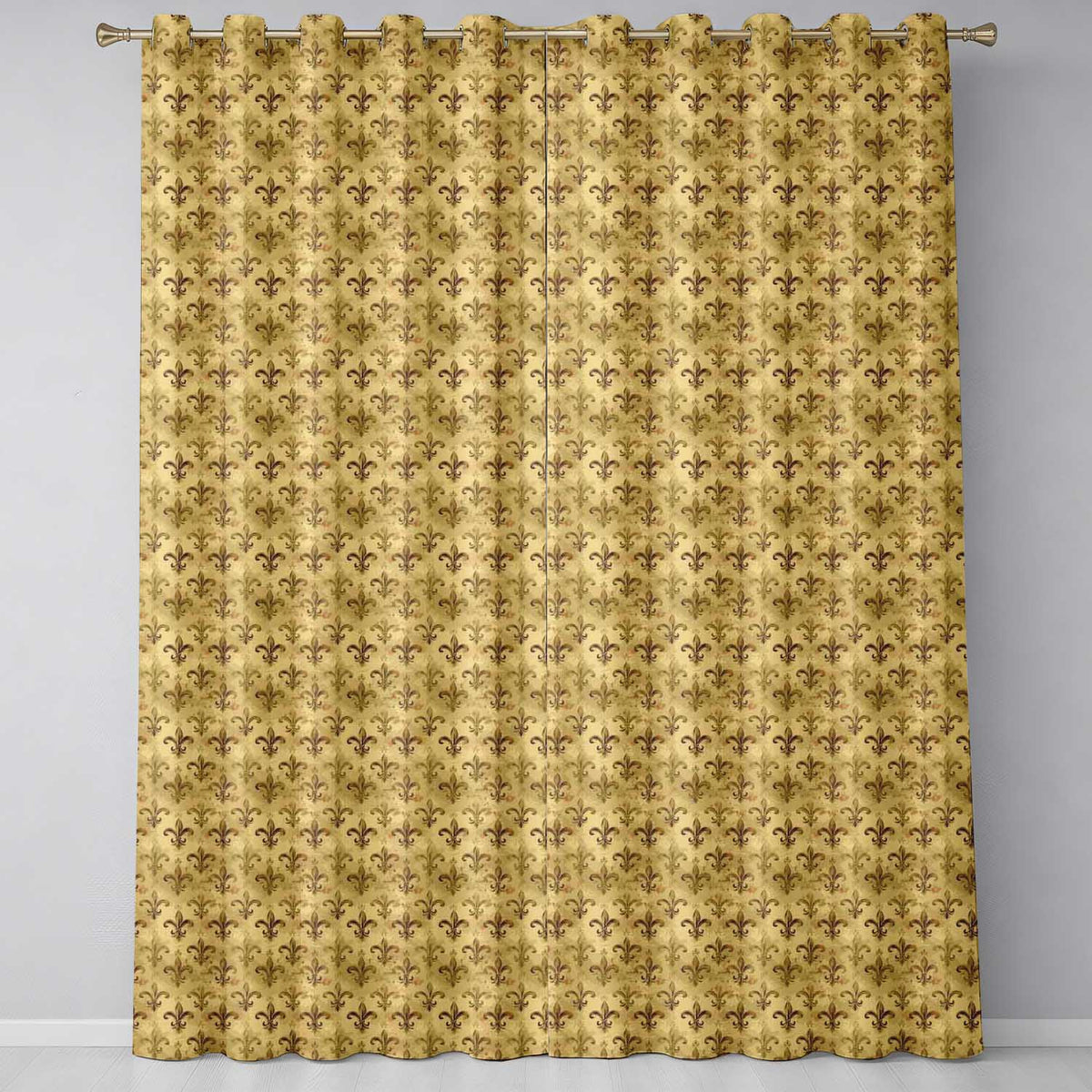 Classic Antique Fleur De Lis Decorative Pattern Warm Beige Seamless Readymade Eyelet Ring Top Thermal 100% Blackout Curtains