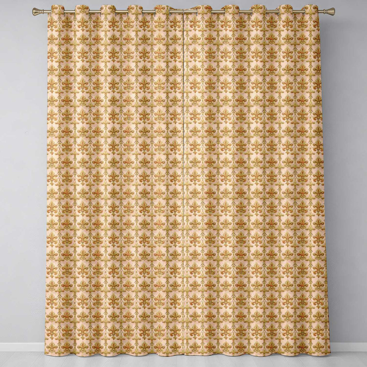 Luxury Ornate Gold Fleur De Lis Decorative Seamless Pattern Readymade Eyelet Ring Top Thermal 100% Blackout Curtains