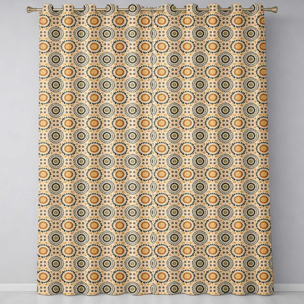 Floral Circle Pattern Warm Earth Tone Seamless Design Readymade Eyelet Ring Top Thermal 100% Blackout Curtains