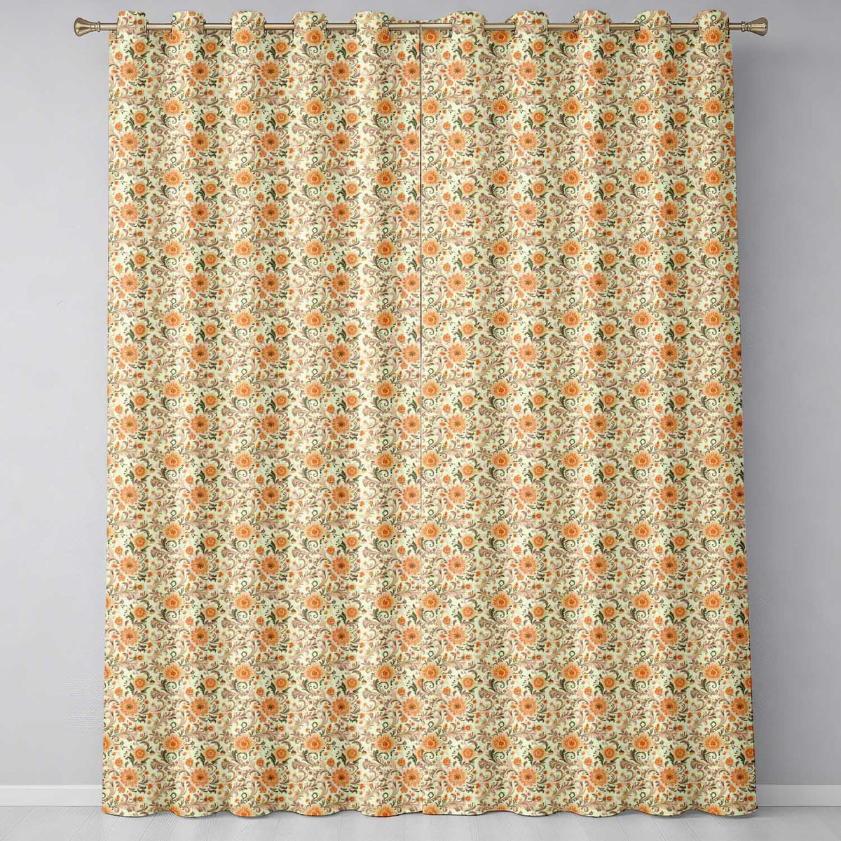 Vintage Orange Floral Vine Seamless Pattern Botanical Design Readymade Eyelet Ring Top Thermal 100% Blackout Curtains