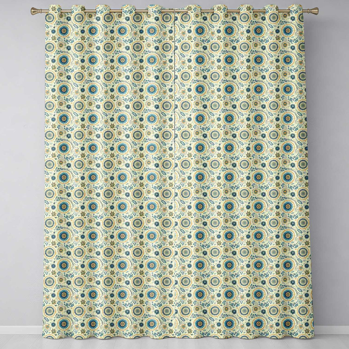 Teal Gold Ornate Floral Medallion Seamless Pattern Elegant Vintage Style Readymade Eyelet Ring Top Thermal 100% Blackout Curtains