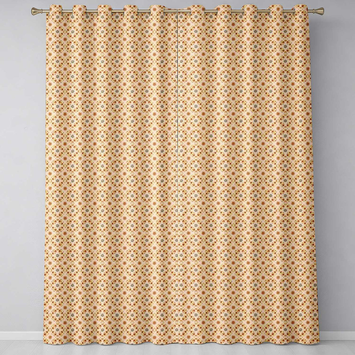 Small Scale Orange Floral Geometric Seamless Pattern Tile Design Readymade Eyelet Ring Top Thermal 100% Blackout Curtains