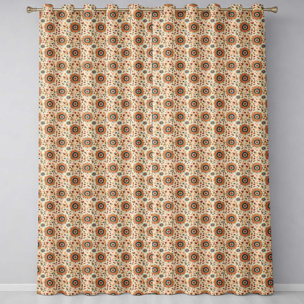 Bold Orange Teal Floral Medallion Seamless Pattern Folk Art Style Design Readymade Eyelet Ring Top Thermal 100% Blackout Curtains