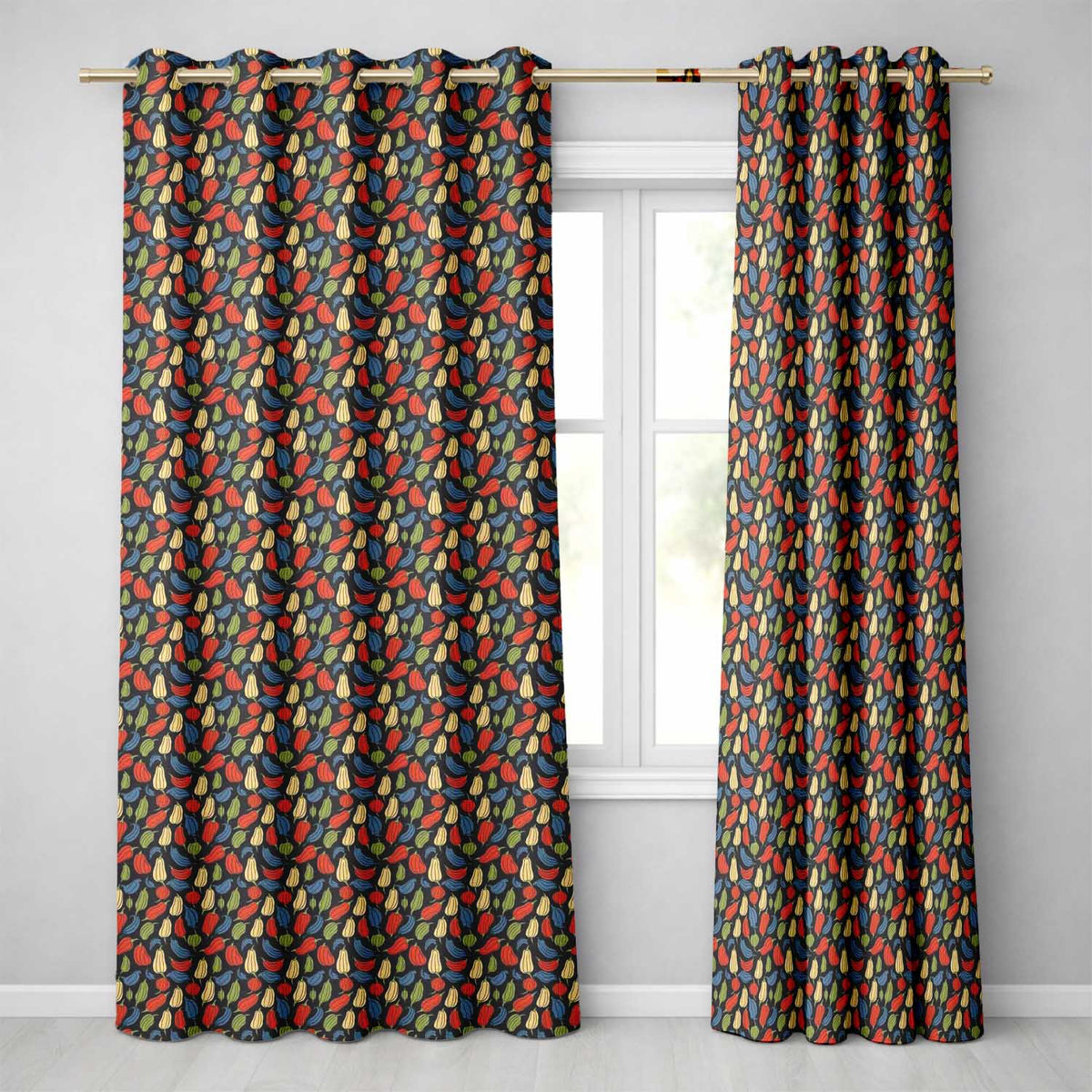 Dark Background Pepper Seamless Pattern Vibrant Red Green Botanical Readymade Eyelet Ring Top Thermal 100% Blackout Curtains