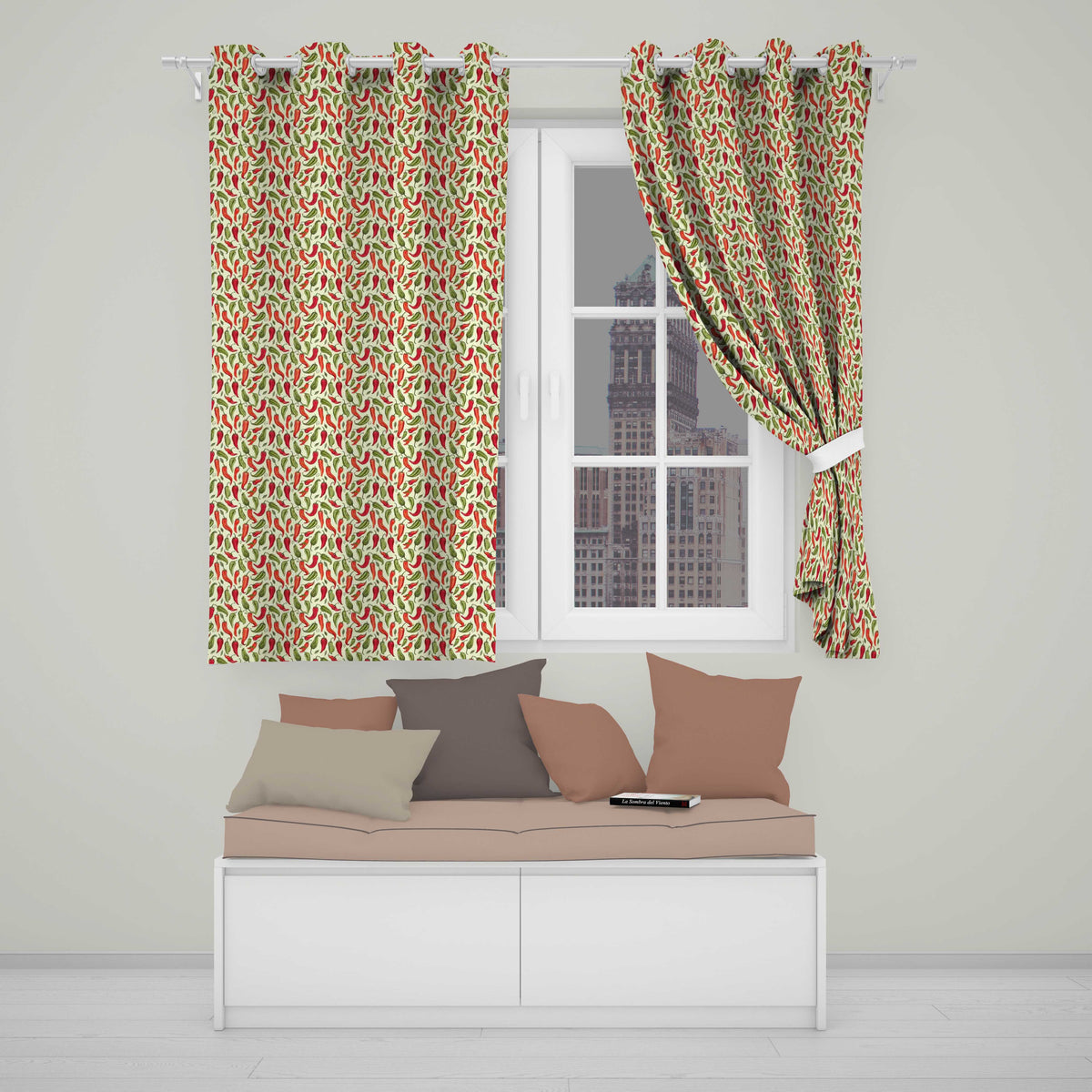 Hand Drawn Red Green Chili Pepper Seamless Pattern Vintage Botanical Food Readymade Eyelet Ring Top Thermal 100% Blackout Curtains