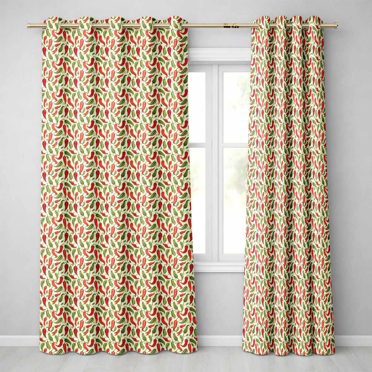 Hand Drawn Red Green Chili Pepper Seamless Pattern Vintage Botanical Food Readymade Eyelet Ring Top Thermal 100% Blackout Curtains