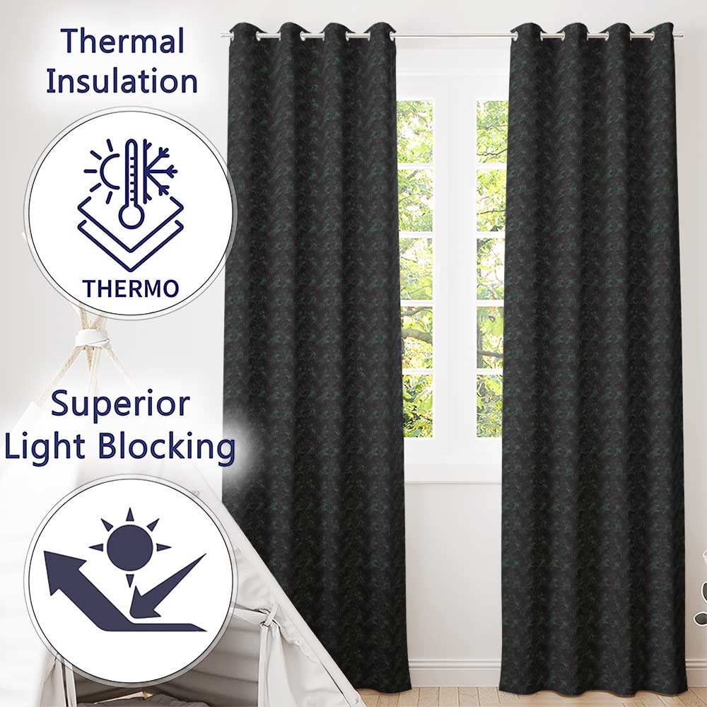 Dark Botanical Damask Seamless Pattern Elegant Vintage Style Readymade Eyelet Ring Top Thermal 100% Blackout Curtains