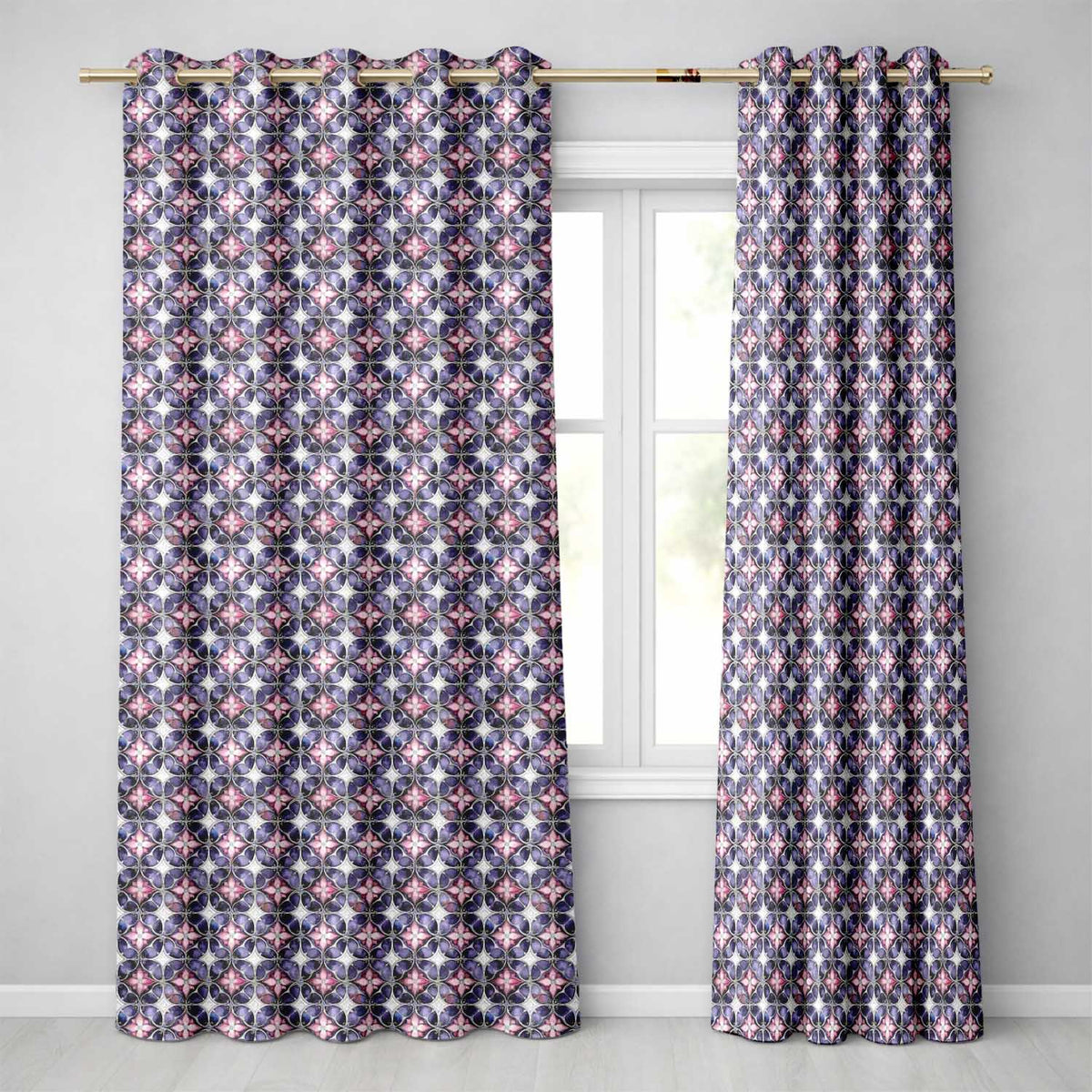 Purple Pink Geometric Floral Tile Seamless Pattern Vintage Style Readymade Eyelet Ring Top Thermal 100% Blackout Curtains