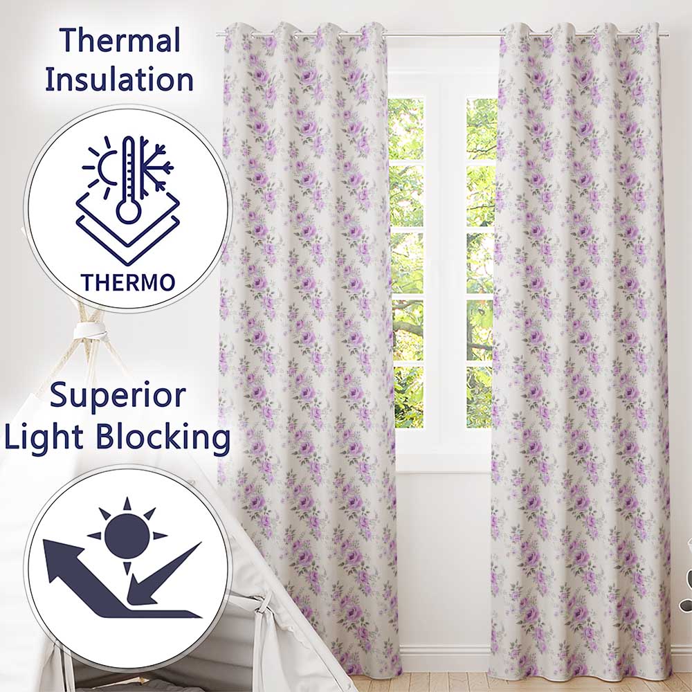 Pastel Purple Rose Floral Seamless Pattern Delicate Vintage Botanical Design Readymade Eyelet Ring Top Thermal 100% Blackout Curtains