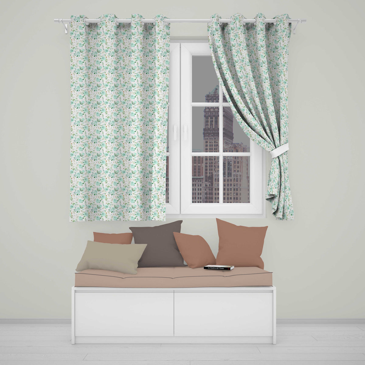 Mint Green Rose Floral Seamless Pattern Soft Watercolor Botanical Garden Design Readymade Eyelet Ring Top Thermal 100% Blackout Curtains