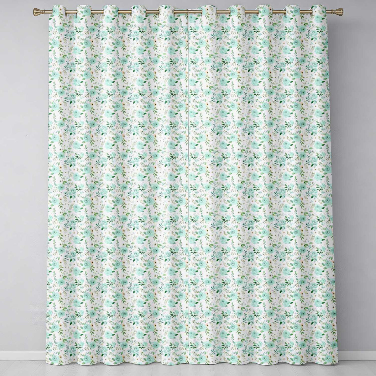 Mint Green Rose Floral Seamless Pattern Soft Watercolor Botanical Garden Design Readymade Eyelet Ring Top Thermal 100% Blackout Curtains