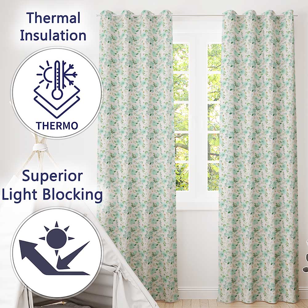 Mint Green Rose Floral Seamless Pattern Soft Watercolor Botanical Garden Design Readymade Eyelet Ring Top Thermal 100% Blackout Curtains