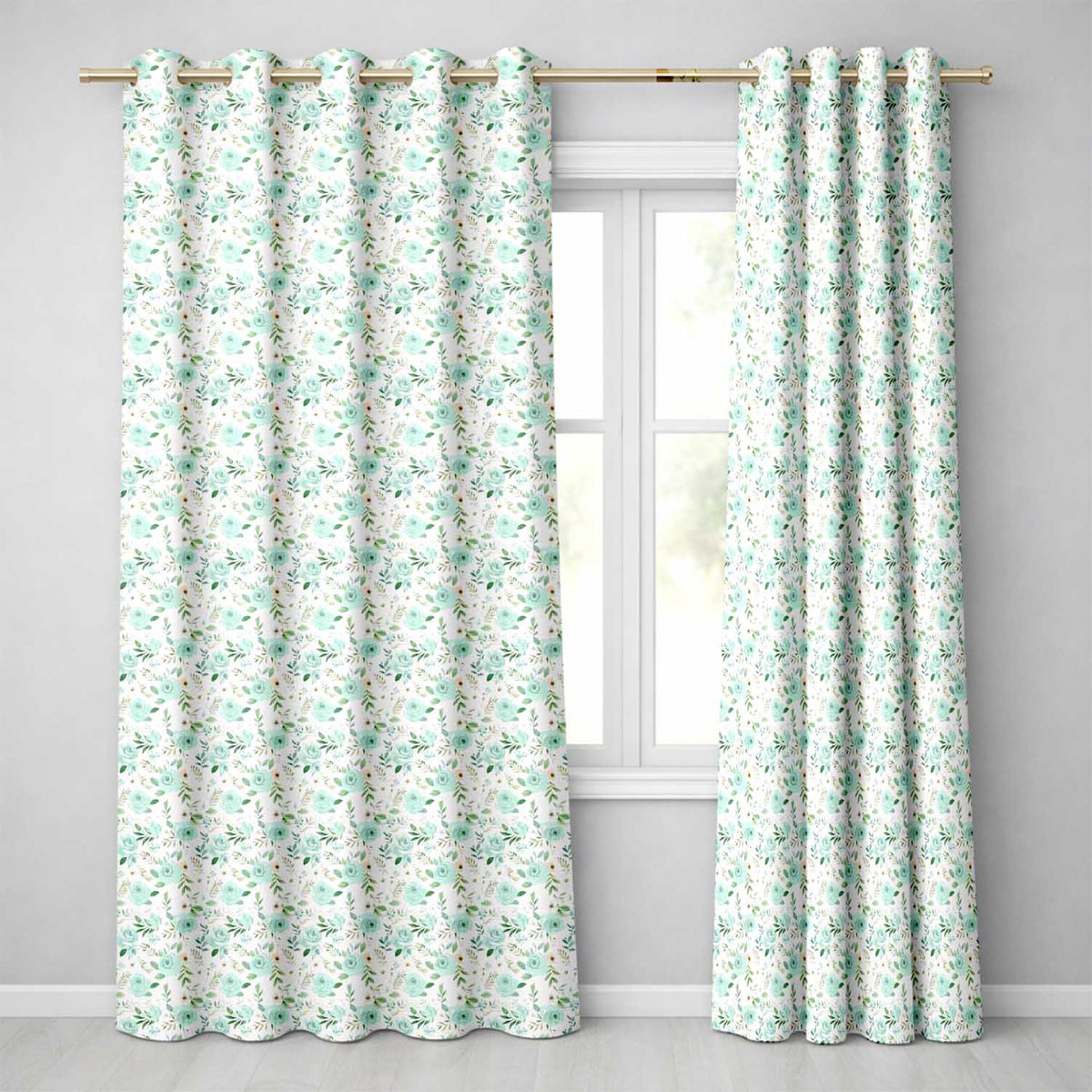 Mint Green Rose Floral Seamless Pattern Soft Watercolor Botanical Garden Design Readymade Eyelet Ring Top Thermal 100% Blackout Curtains