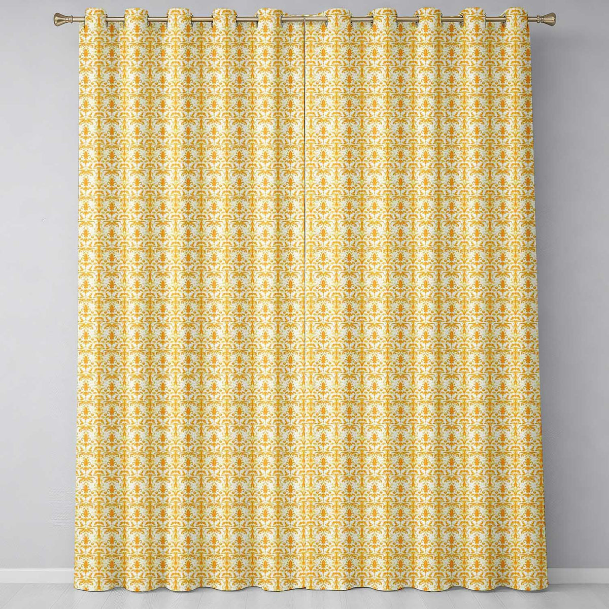 Golden Yellow Damask Floral Seamless Pattern Elegant Vintage Ornamental Design Readymade Eyelet Ring Top Thermal 100% Blackout Curtains
