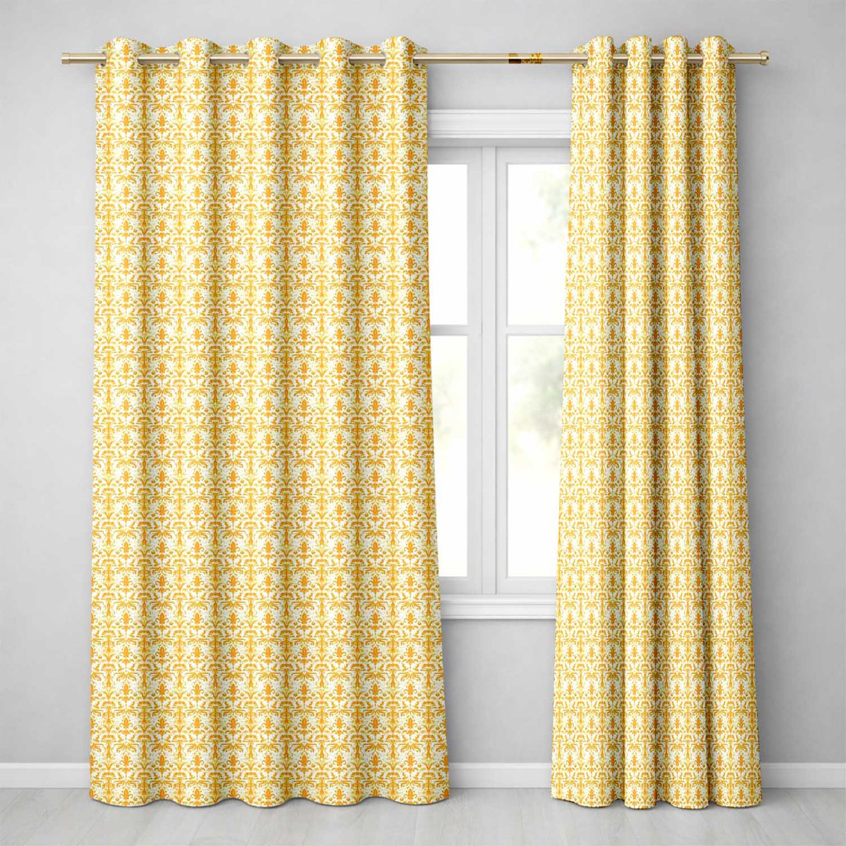 Golden Yellow Damask Floral Seamless Pattern Elegant Vintage Ornamental Design Readymade Eyelet Ring Top Thermal 100% Blackout Curtains