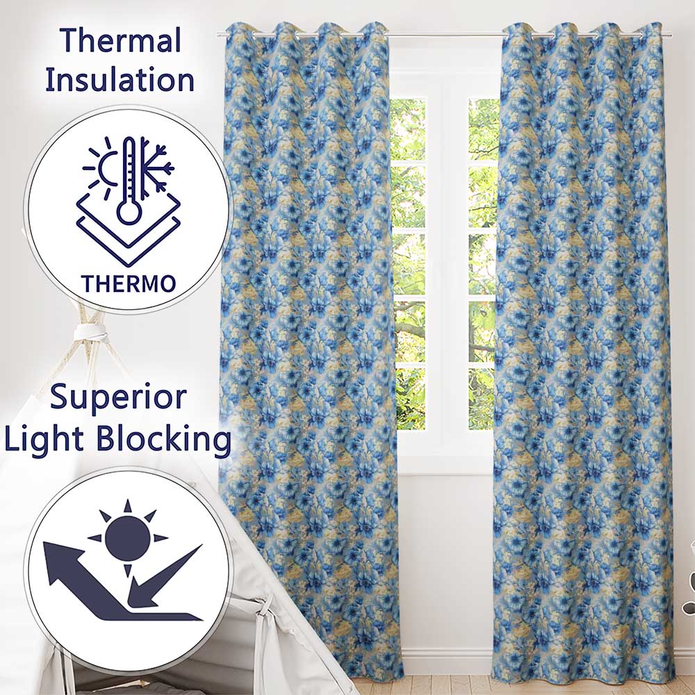 Blue Floral Bouquet Vintage Seamless Pattern Elegant Botanical Garden Design Readymade Eyelet Ring Top Thermal 100% Blackout Curtains