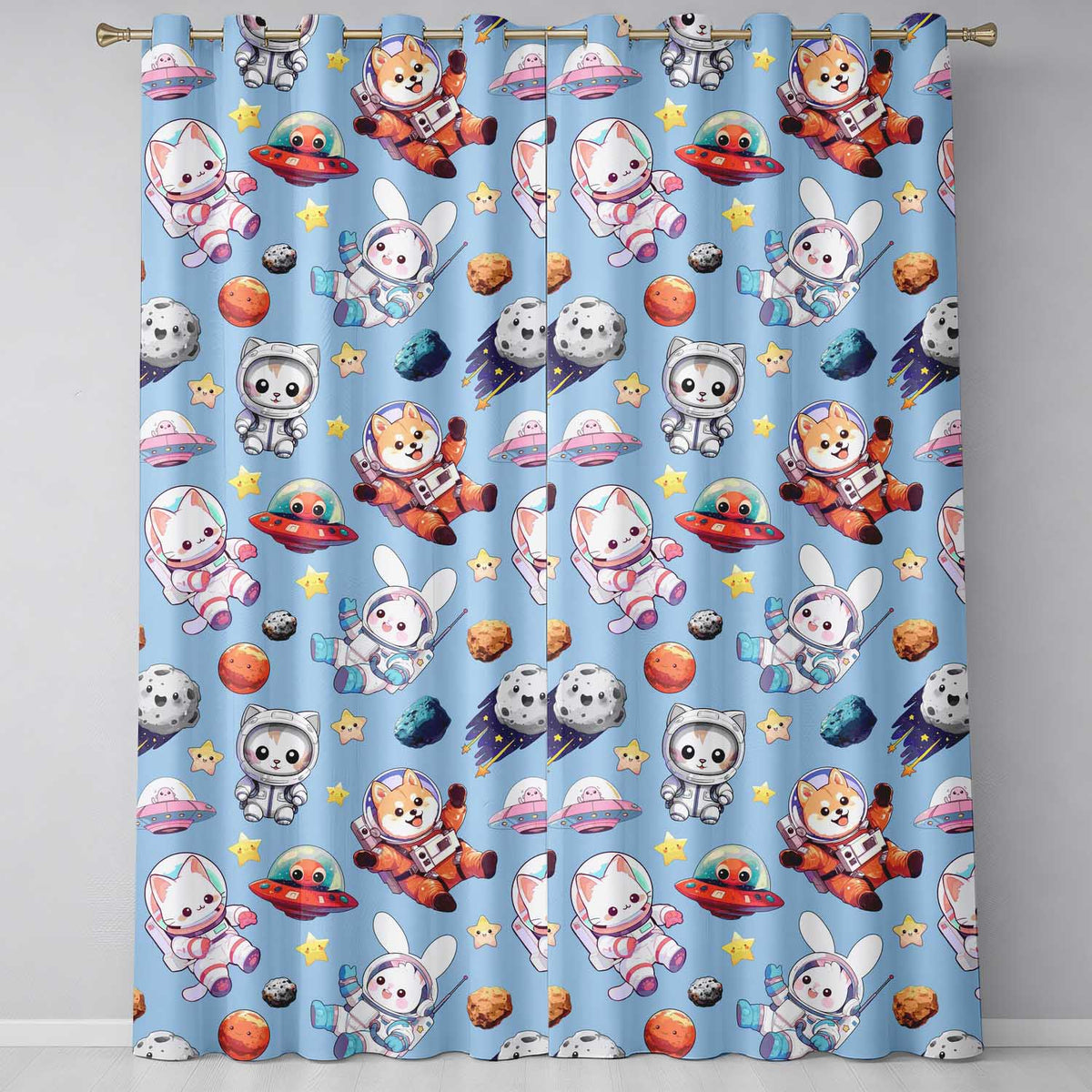 Cute Space Animals Astronaut Seamless Pattern Blue Galaxy Kids Design Readymade Eyelet Ring Top Thermal 100% Blackout Curtains