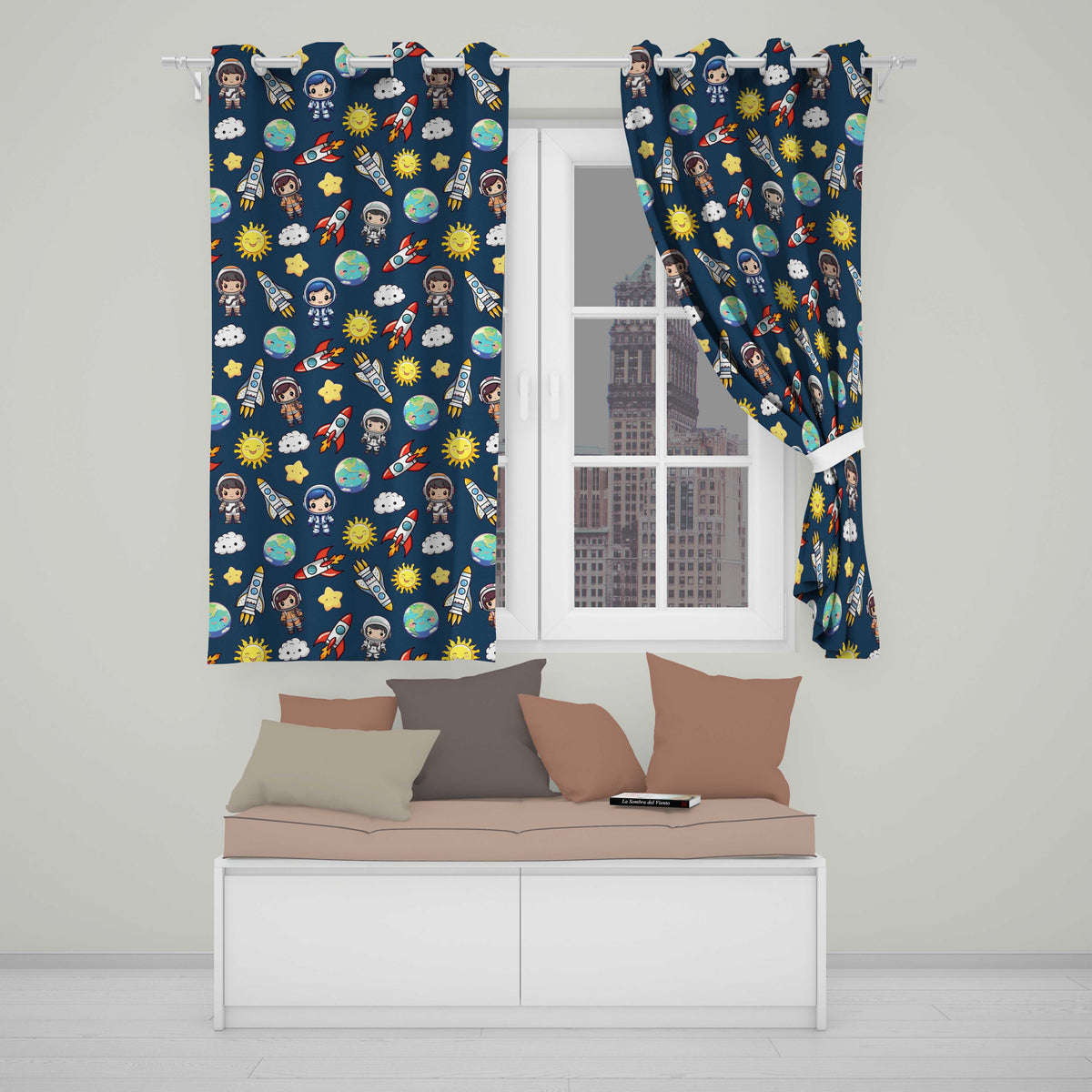 Kids Space Rockets Astronaut Seamless Pattern Navy Blue Background Fun Design Readymade Eyelet Ring Top Thermal 100% Blackout Curtains
