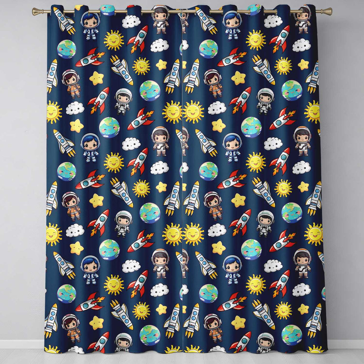 Kids Space Rockets Astronaut Seamless Pattern Navy Blue Background Fun Design Readymade Eyelet Ring Top Thermal 100% Blackout Curtains