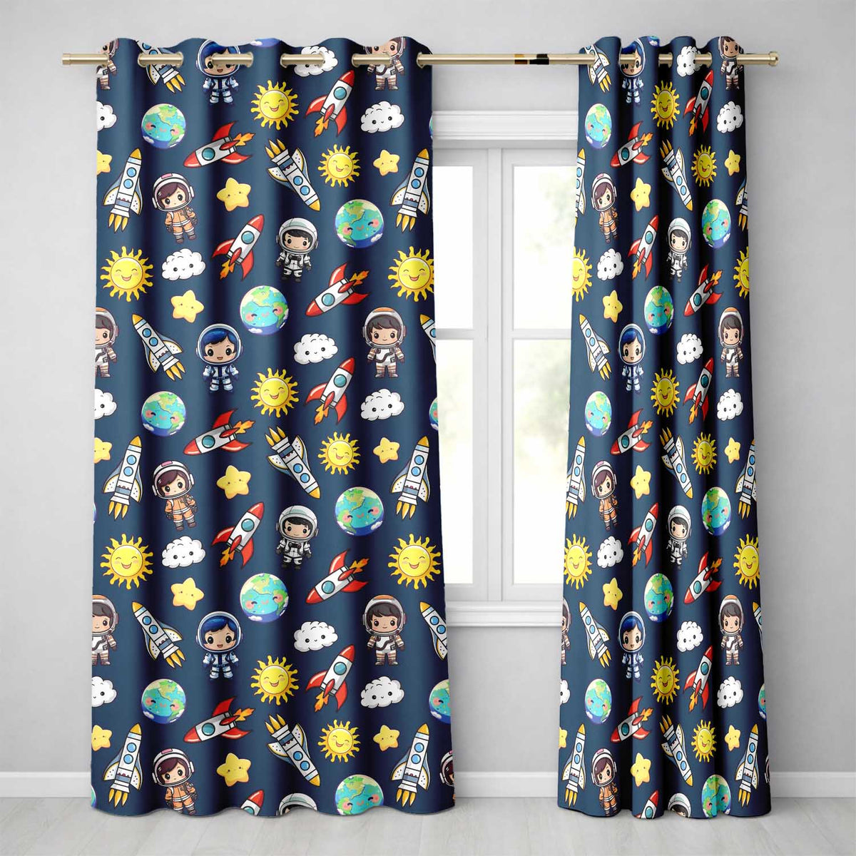 Kids Space Rockets Astronaut Seamless Pattern Navy Blue Background Fun Design Readymade Eyelet Ring Top Thermal 100% Blackout Curtains