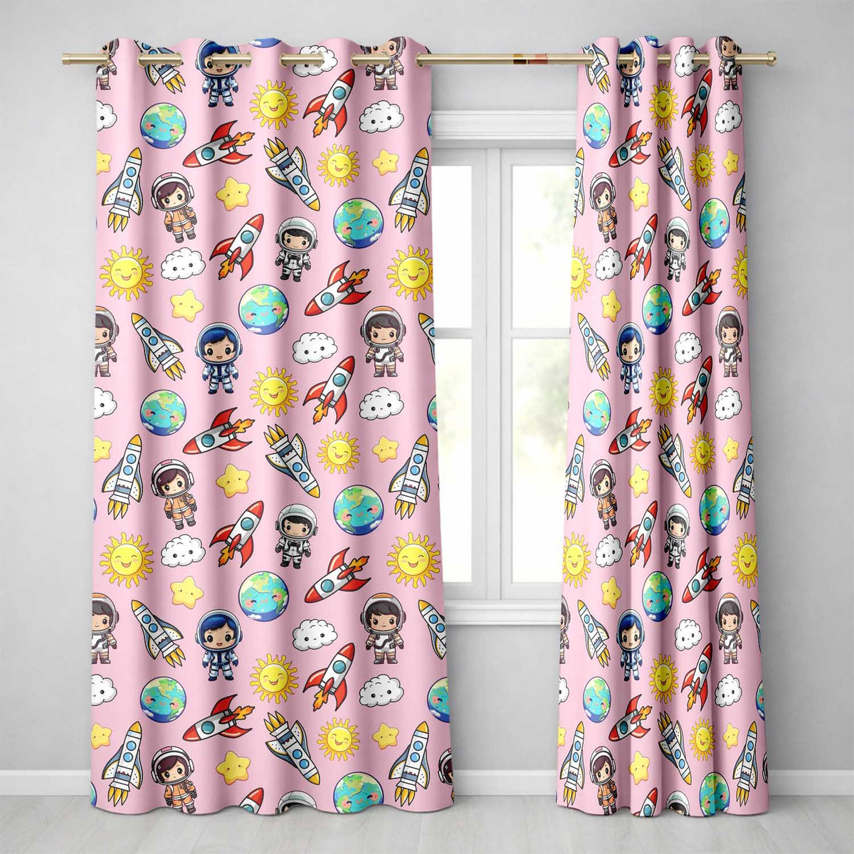 Kids Space Rockets Astronaut Seamless Pattern Rose Pink Background Fun Design Readymade Eyelet Ring Top Thermal 100% Blackout Curtains
