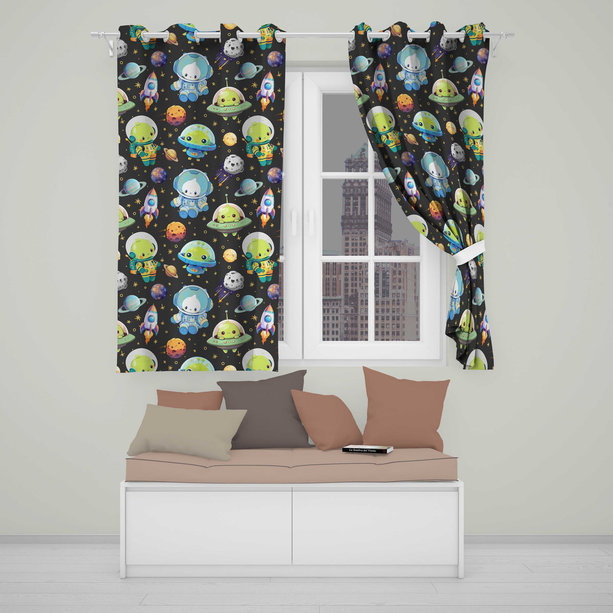 Space Astronaut Alien UFO Seamless Dark Grey Background Fun Kids Design Readymade Eyelet Ring Top Thermal 100% Blackout Curtains