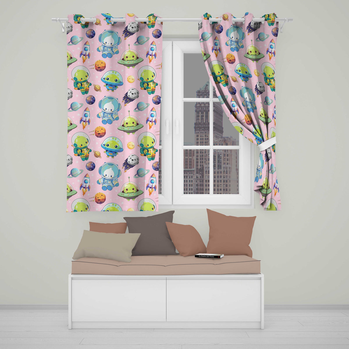 Space Astronaut Alien UFO Seamless Soft Pink Background Fun Kids Design Readymade Eyelet Ring Top Thermal 100% Blackout Curtains