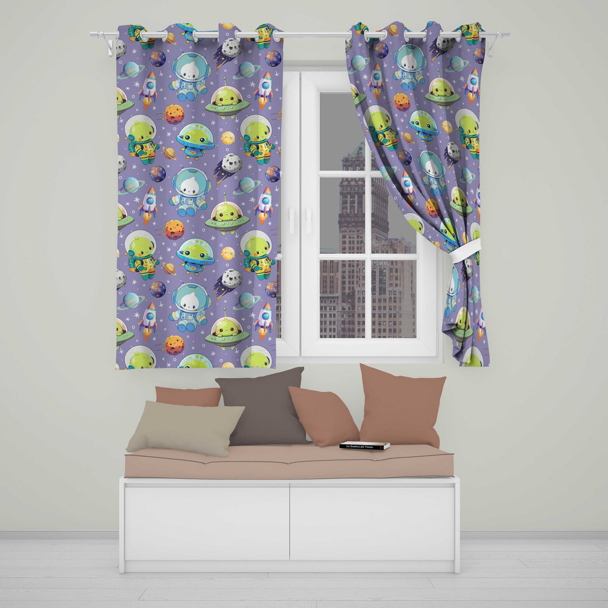 Space Astronaut Alien UFO Seamless Purple Background Fun Kids Design Readymade Eyelet Ring Top Thermal 100% Blackout Curtains