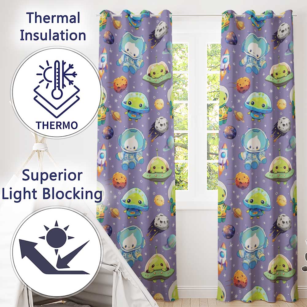 Space Astronaut Alien UFO Seamless Purple Background Fun Kids Design Readymade Eyelet Ring Top Thermal 100% Blackout Curtains