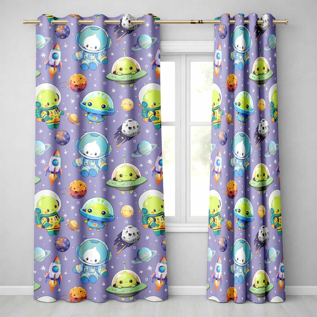 Space Astronaut Alien UFO Seamless Purple Background Fun Kids Design Readymade Eyelet Ring Top Thermal 100% Blackout Curtains