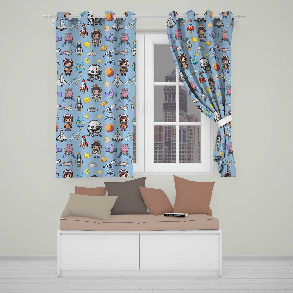 Space Astronaut Rockets UFO Telescope Seamless Blue Background Readymade Eyelet Ring Top Thermal 100% Blackout Curtains