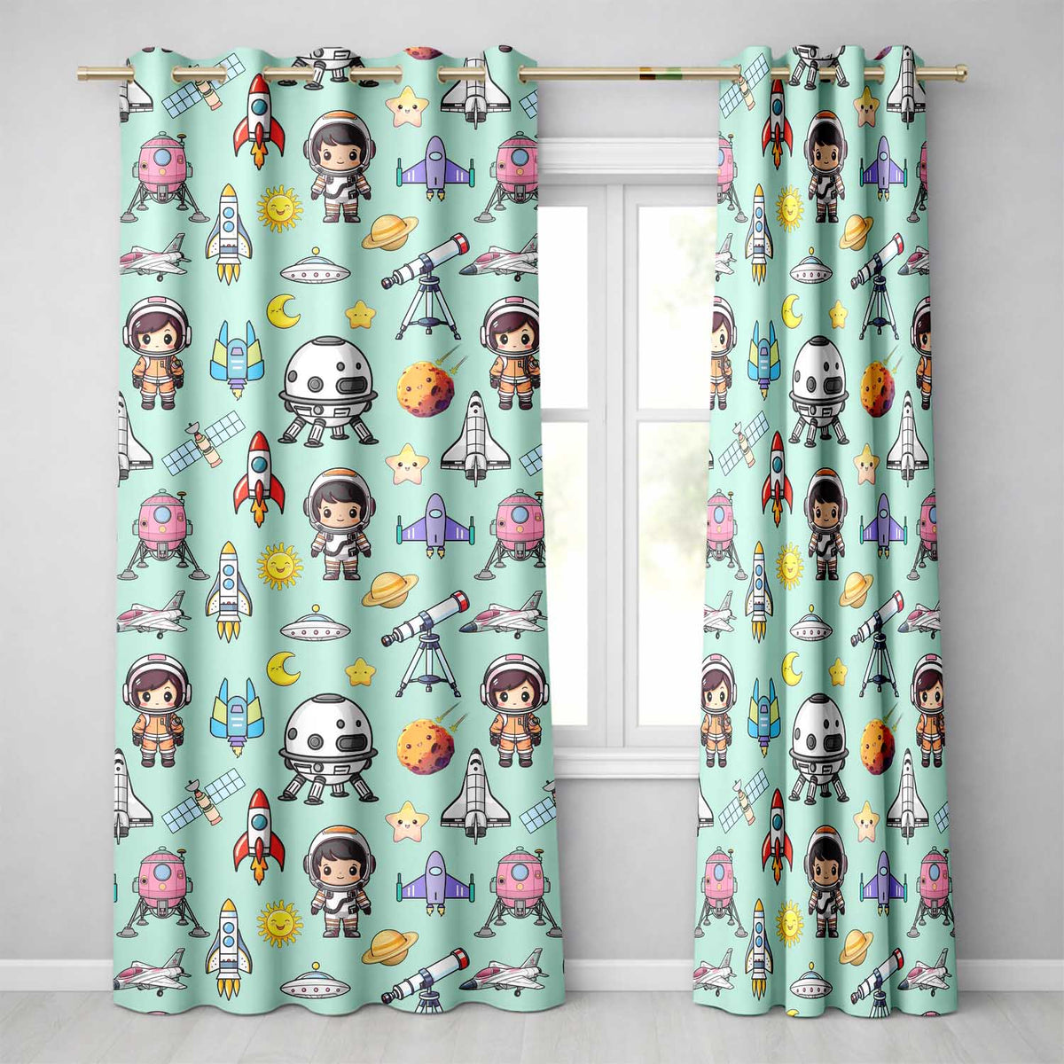 Space Astronaut Rockets UFO Telescope Seamless Mint Green Background Readymade Eyelet Ring Top Thermal 100% Blackout Curtains