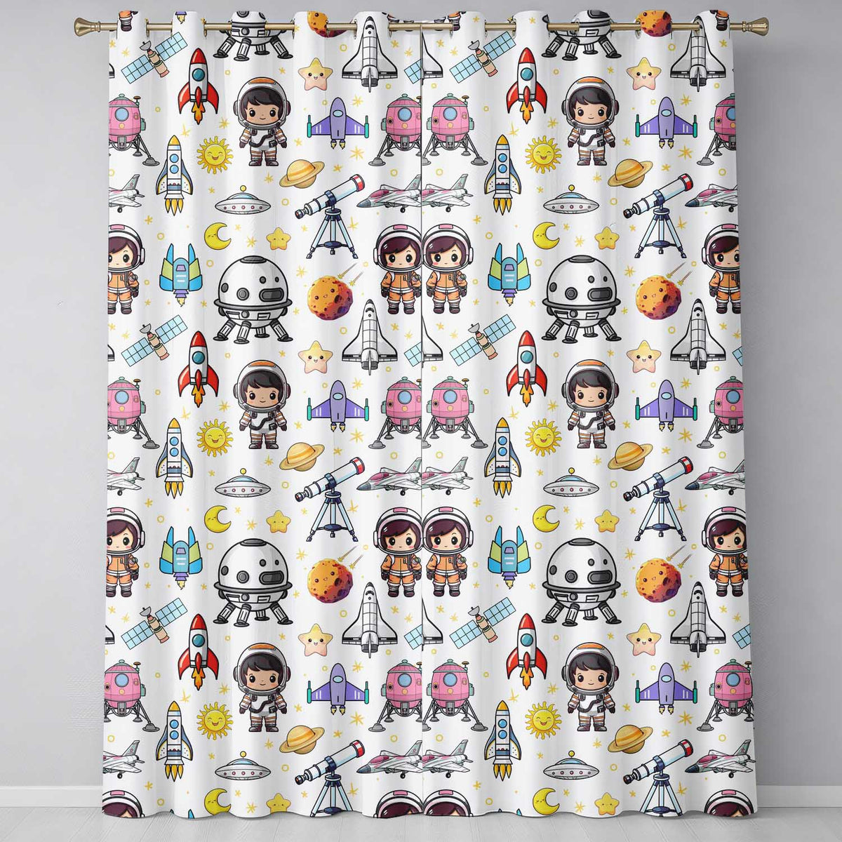 Space Astronaut Rockets UFO Telescope Seamless White Background Readymade Eyelet Ring Top Thermal 100% Blackout Curtains