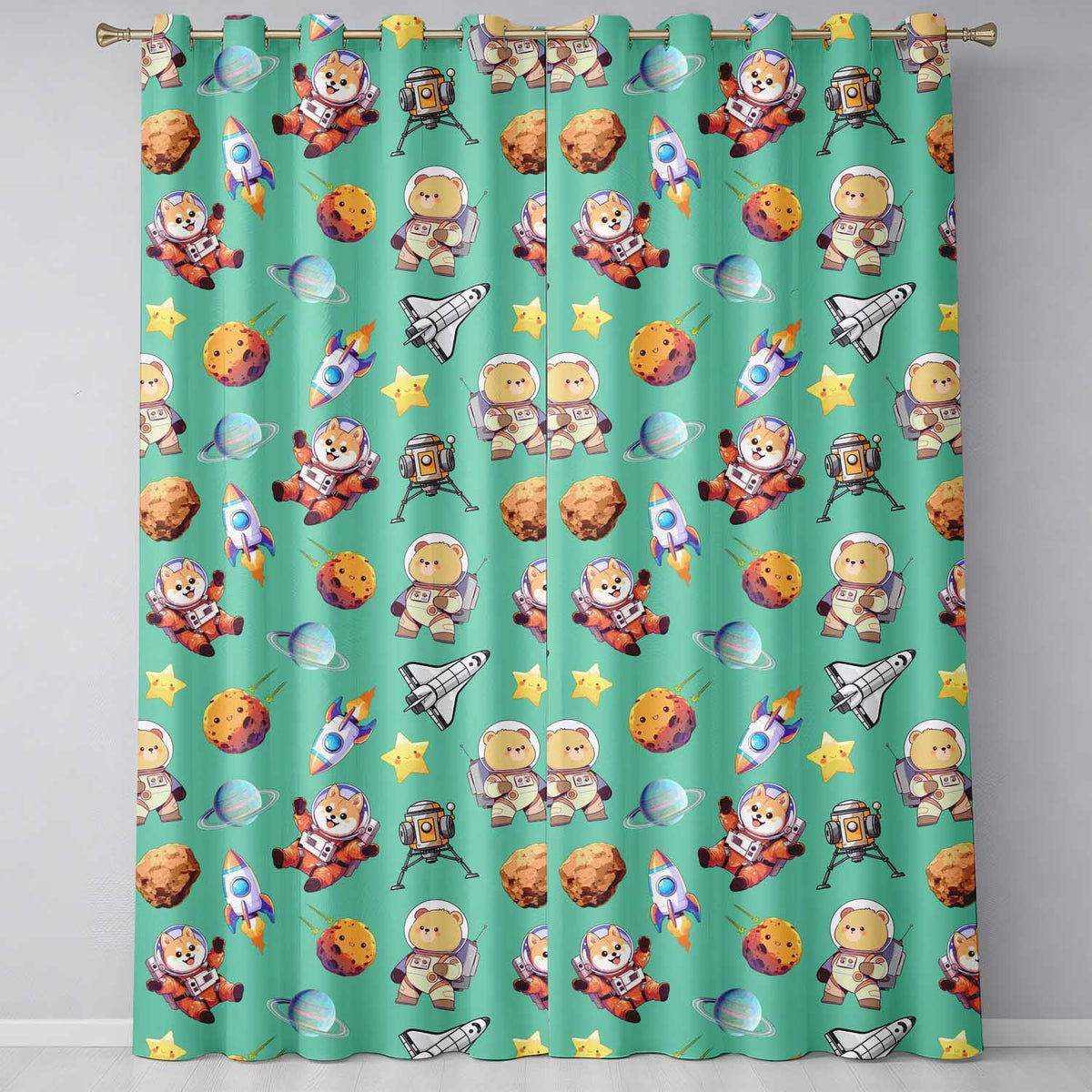 Space Dog Bear Astronaut Rockets Planets Seamless Green Background Readymade Eyelet Ring Top Thermal 100% Blackout Curtains