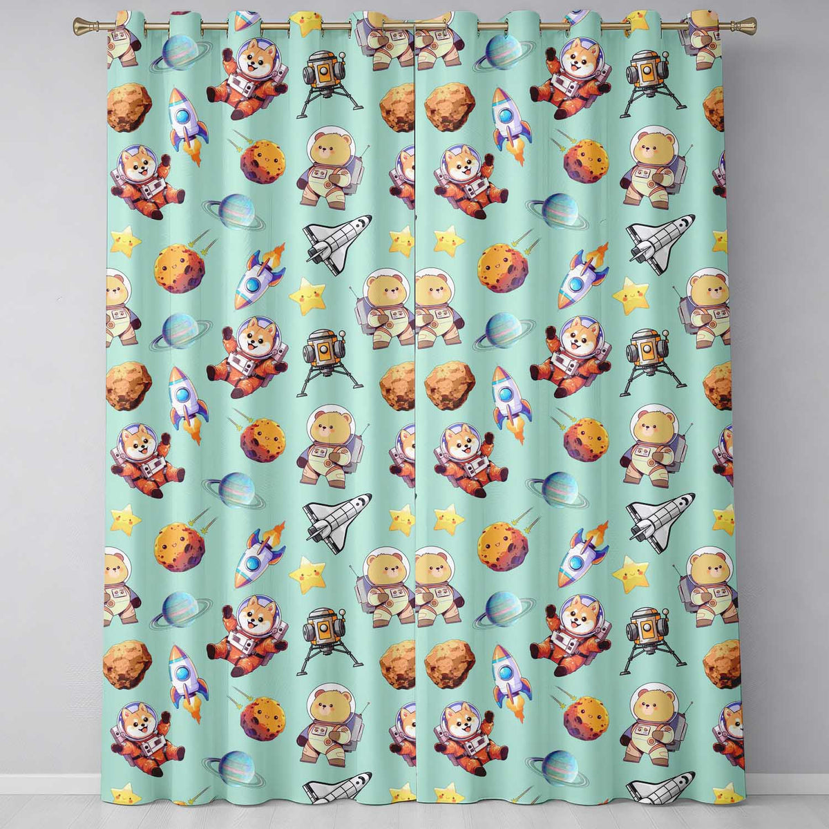 Space Dog Bear Astronaut Rockets Planets Seamless Teal Background Readymade Eyelet Ring Top Thermal 100% Blackout Curtains