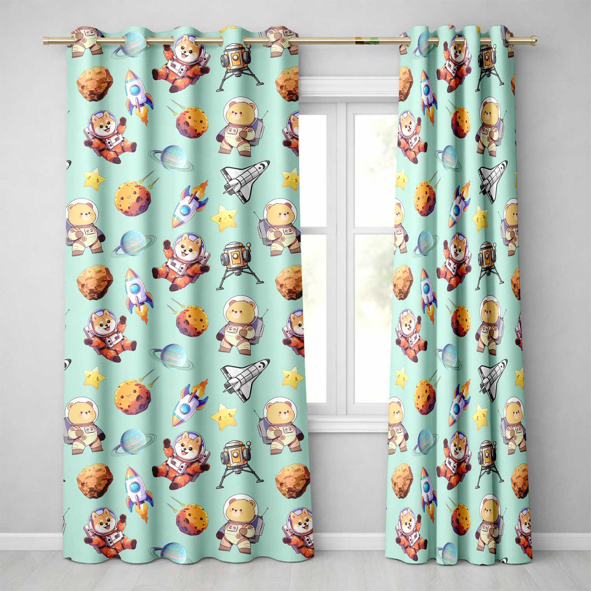 Space Dog Bear Astronaut Rockets Planets Seamless Teal Background Readymade Eyelet Ring Top Thermal 100% Blackout Curtains