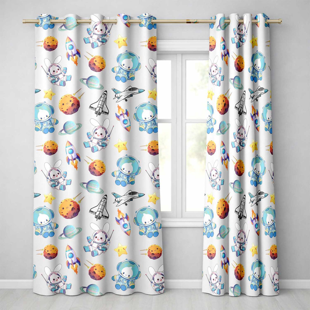 Space Bunny Cat Astronaut Rockets Planets Seamless Beige Background Readymade Eyelet Ring Top Thermal 100% Blackout Curtains