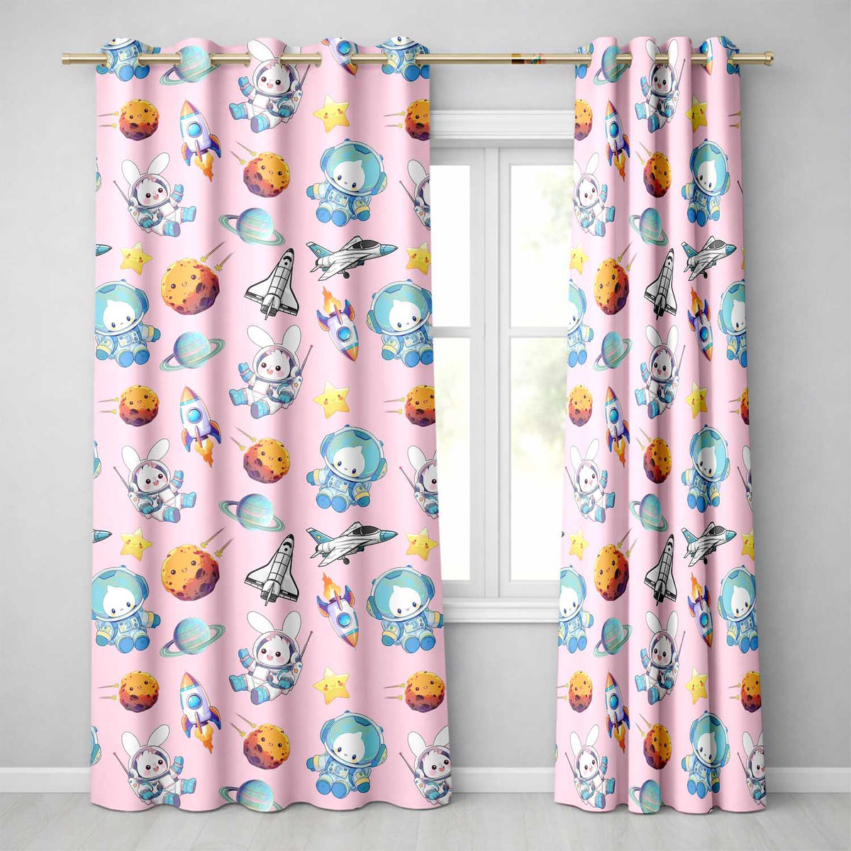 Space Bunny Cat Astronaut Rockets Planets Seamless Pink Background Readymade Eyelet Ring Top Thermal 100% Blackout Curtains