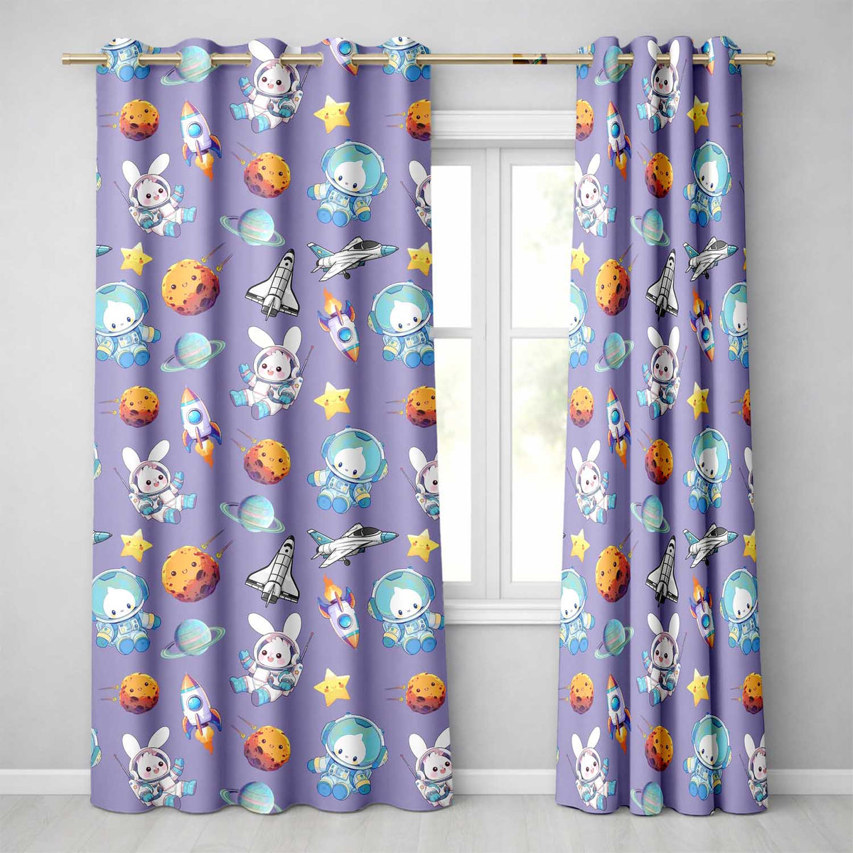 Space Bunny Cat Astronaut Rockets Planets Seamless Purple Background Readymade Eyelet Ring Top Thermal 100% Blackout Curtains