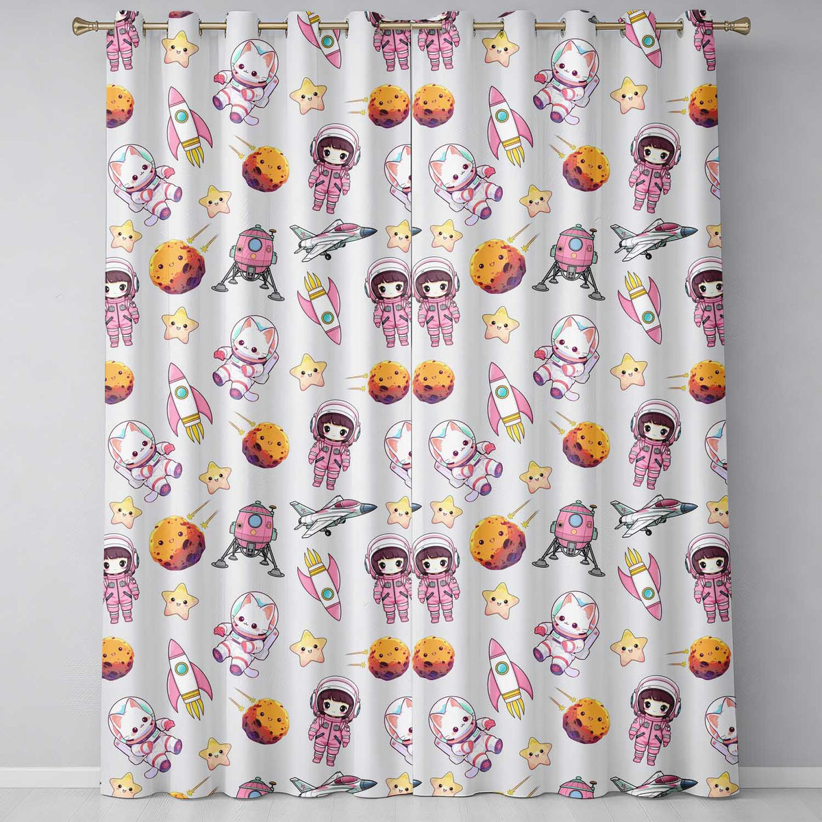 Space Cat Astronaut Girl Rockets Stars Seamless Cream Background Readymade Eyelet Ring Top Thermal 100% Blackout Curtains