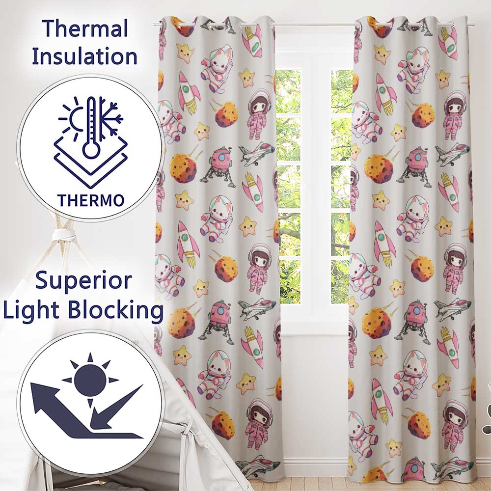 Space Cat Astronaut Girl Rockets Stars Seamless Cream Background Readymade Eyelet Ring Top Thermal 100% Blackout Curtains